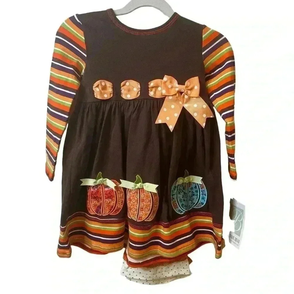 Bonnie Jean Pumpkin Dress striped & floral Leggings Set size 3T